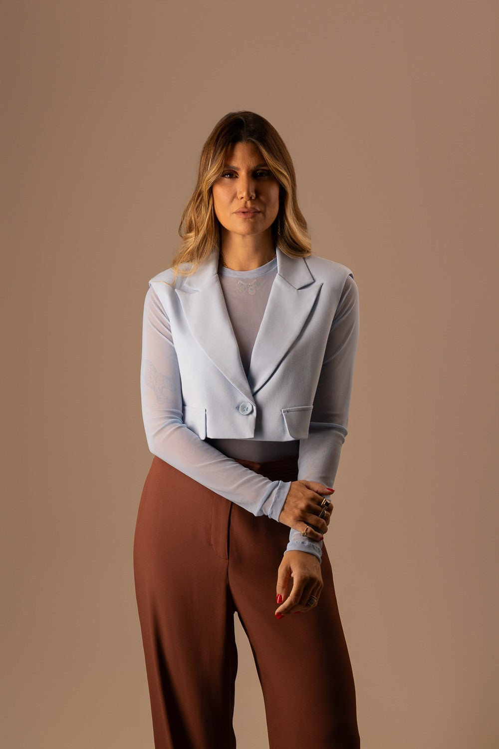 BLUSA AZUL MANGA COMPRIDA TULE