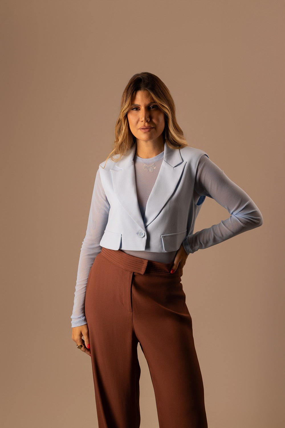 BLUSA AZUL MANGA COMPRIDA TULE