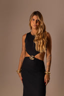 VESTIDO LONGO PRETO COM RECORTE