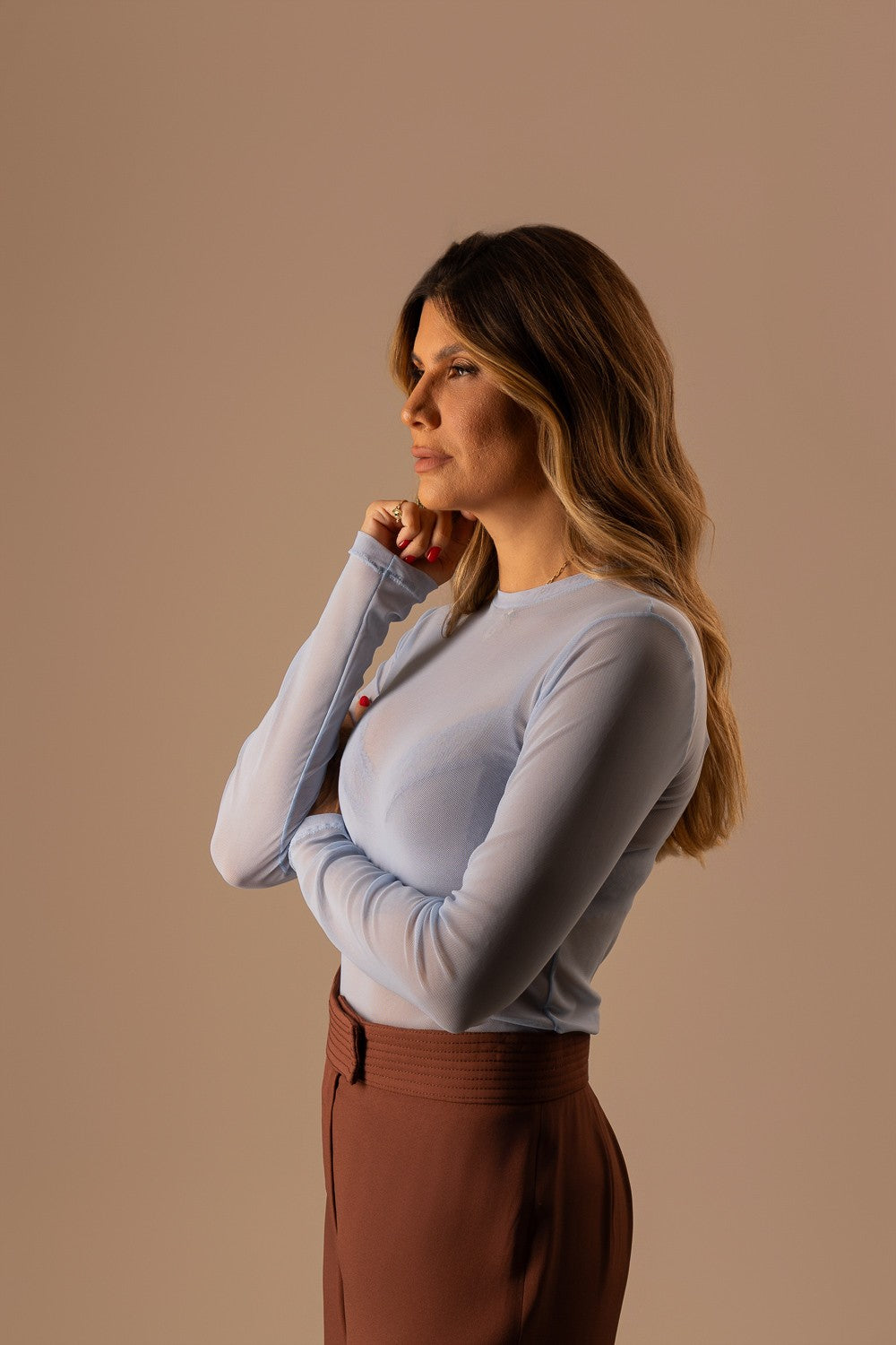 BLUSA AZUL MANGA COMPRIDA TULE