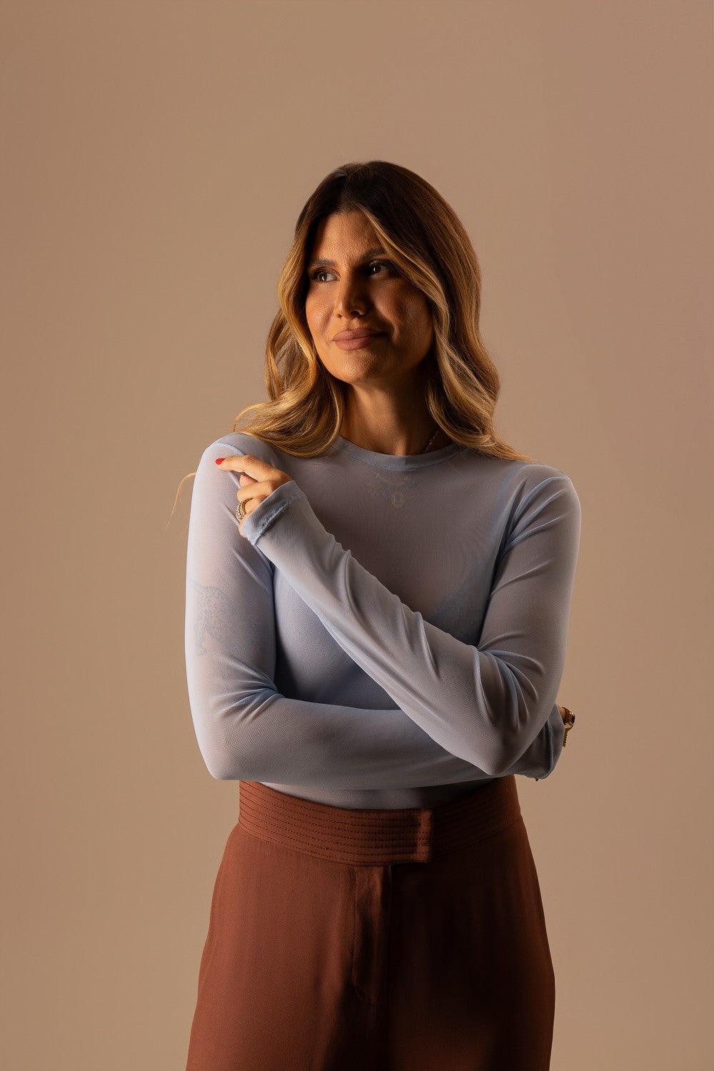 BLUSA AZUL MANGA COMPRIDA TULE