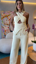 CONJUNTO MANTEIGA CREPE PATOU DE ACETATO